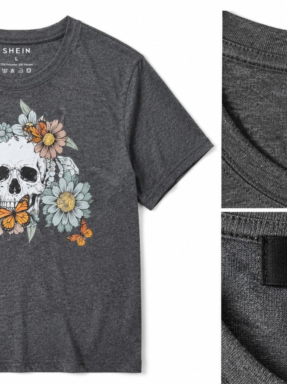SHEIN Charcoal Gray Skull Floral Graphic Tee with Orange Butterflies